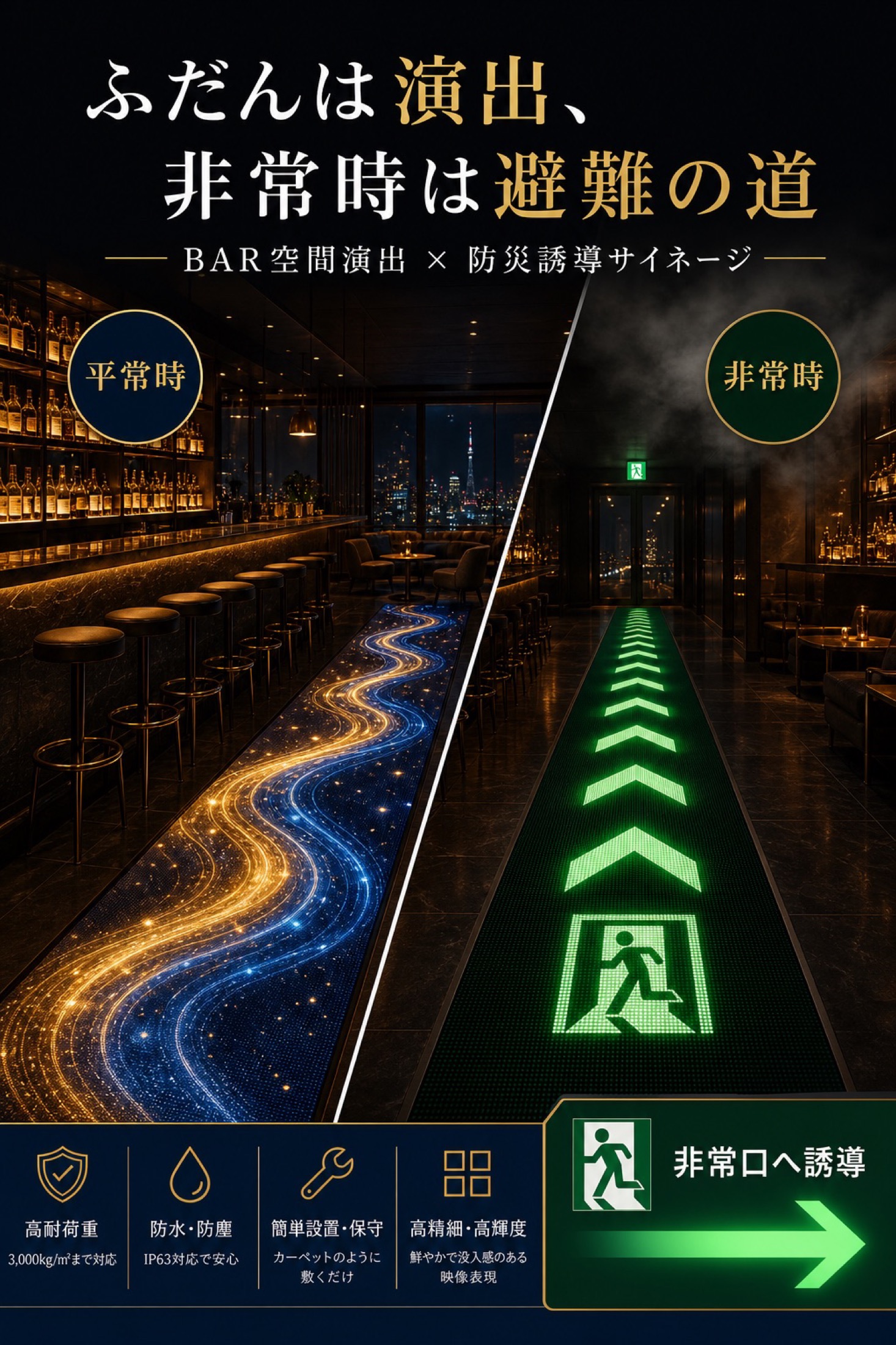 BARで床面LEDが演出から避難誘導に切り替わるチラシ風イメージ