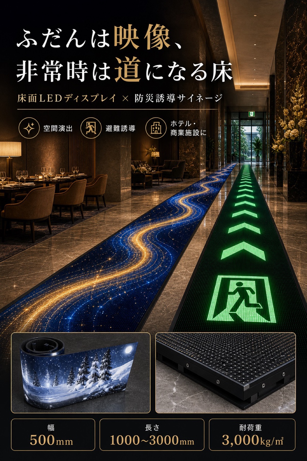 ホテルや商業施設の床に床面LEDディスプレイを設置し、平常時の映像演出と非常時の避難誘導を見せるチラシ風イメージ