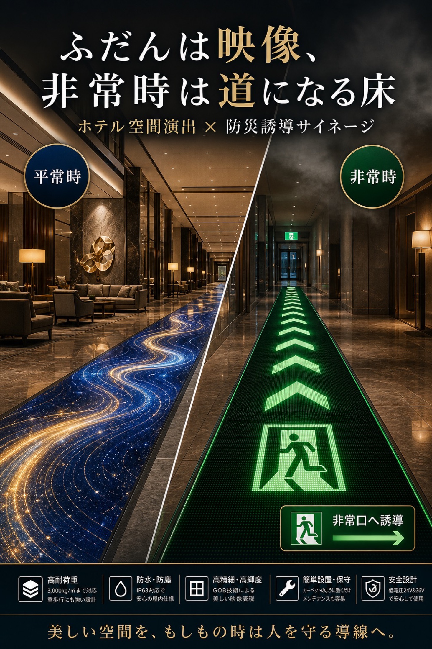 ホテルで床面LEDが空間演出と非常口誘導に切り替わるチラシ風イメージ