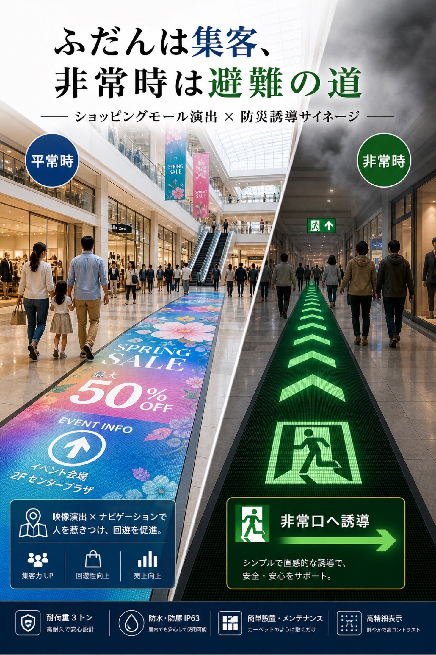 ショッピングモールで床面LEDが集客演出と避難誘導に切り替わるチラシ風イメージ
