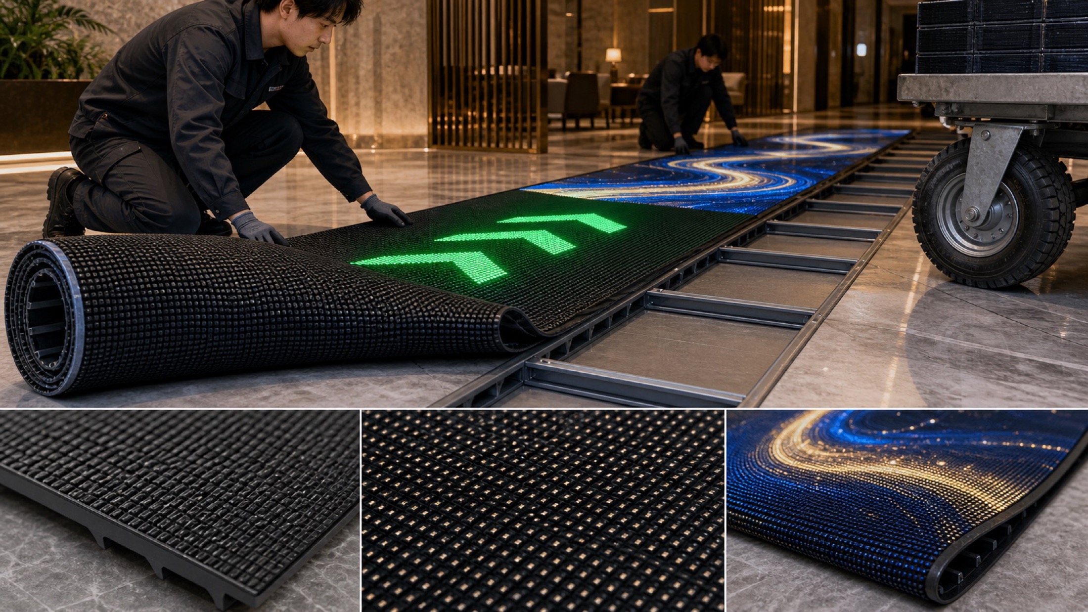 ロール状の床面LEDディスプレイをホテル内に施工する製品イメージ