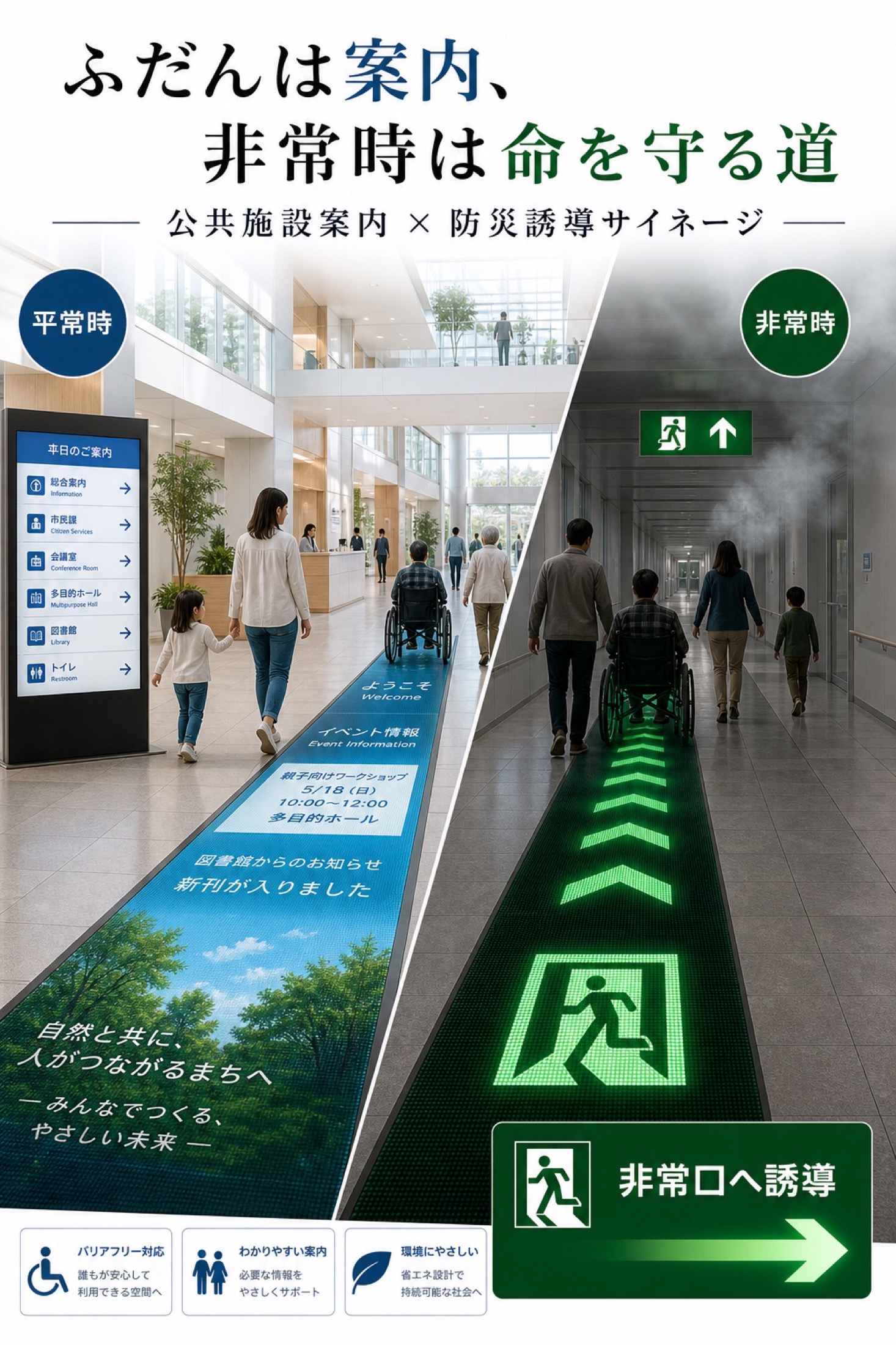公共施設で床面LEDが案内表示と防災誘導に使われるチラシ風イメージ